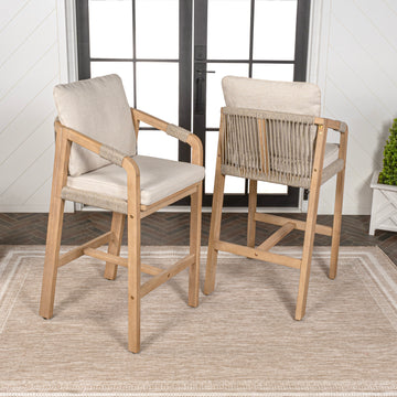 Porto Modern Coastal Tub Roped Acacia Wood Outdoor Bar Stool with Cushions and Armrests